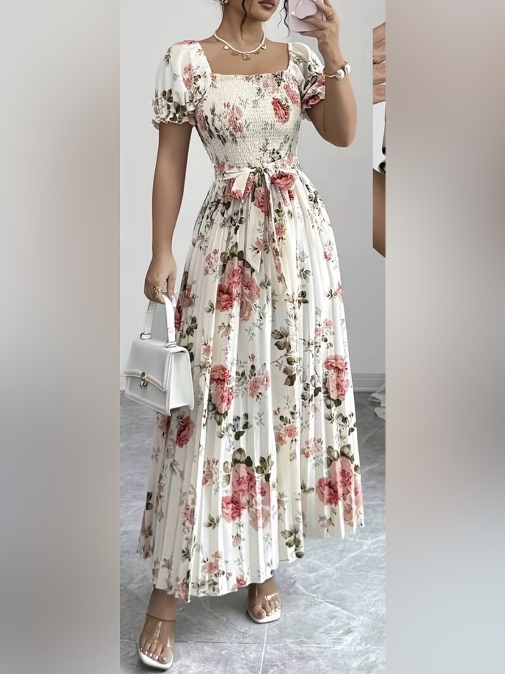 Elegant White Floral Pleated Maxi Dress  with Pink Rose Print